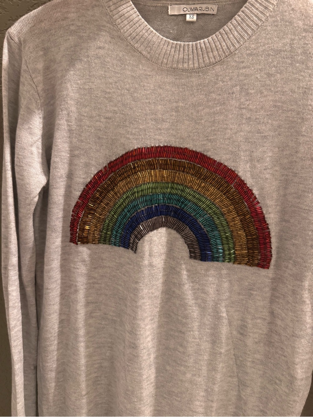 Olivia Rubin XS Light Gray Sweater with Beaded Rainbow